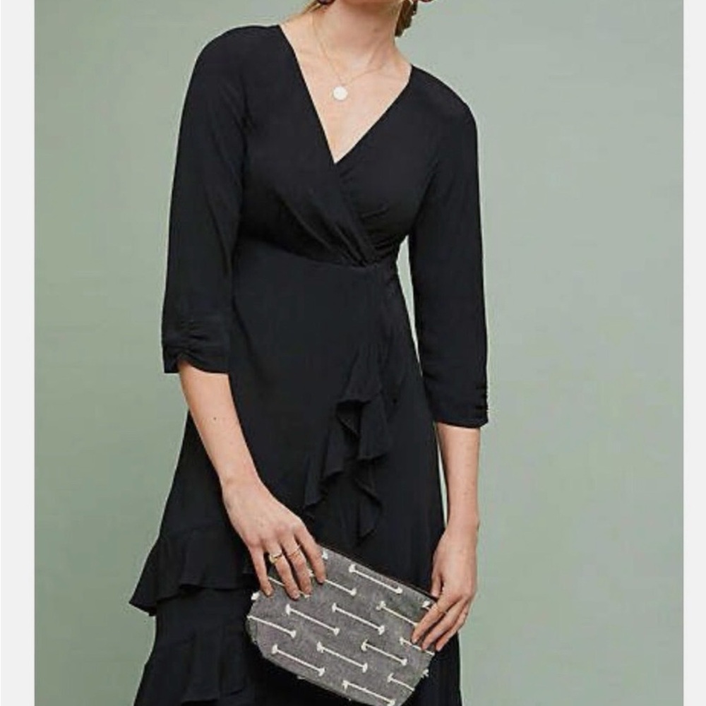 Anthropologie Ruched Wrap Dress 4 UK 8 Black Ruffle 3/4 Sleeve